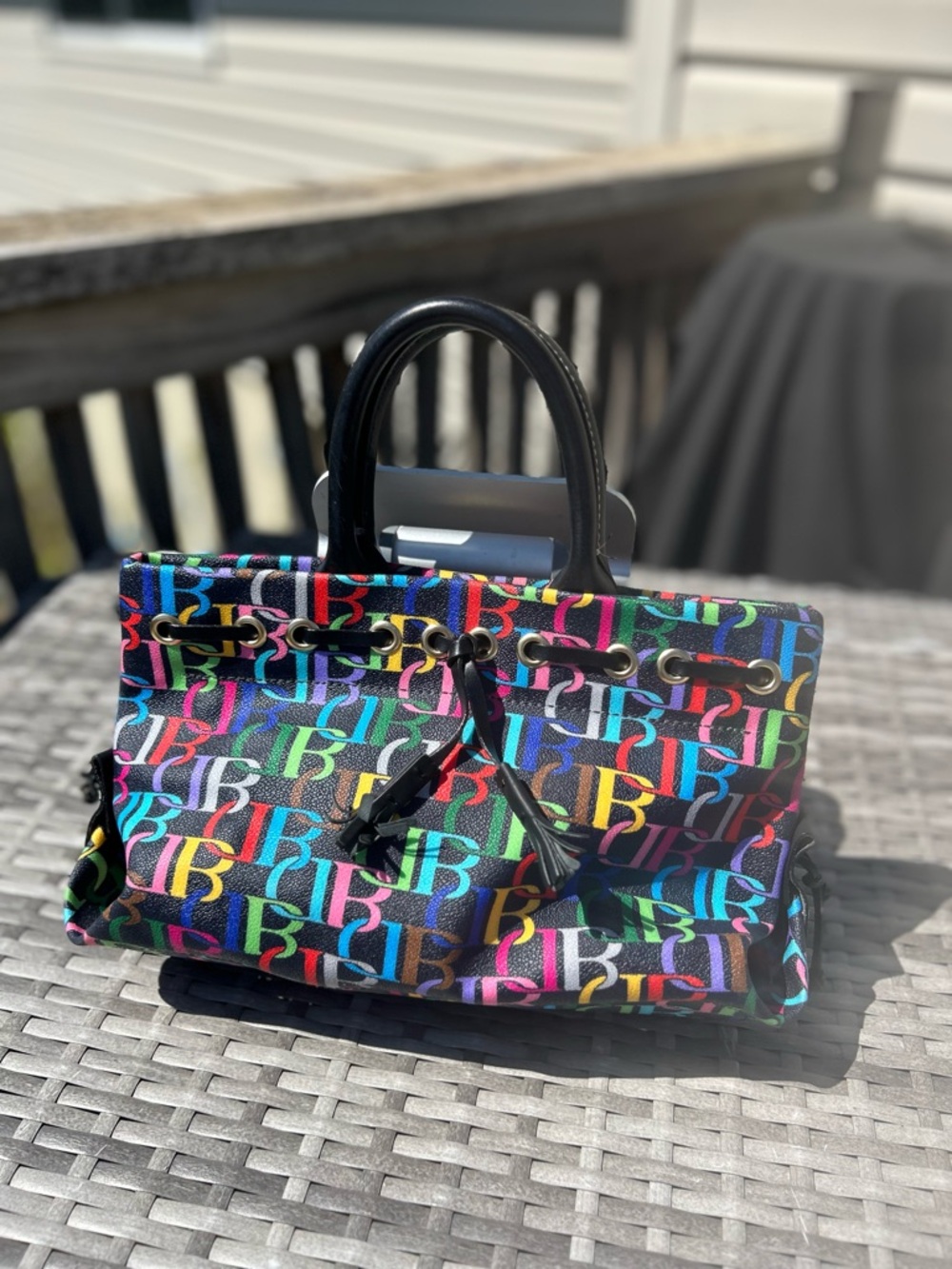 Dooney & Bourke Multicolor Monogram Satchel - Black Trim LIKE NEW!